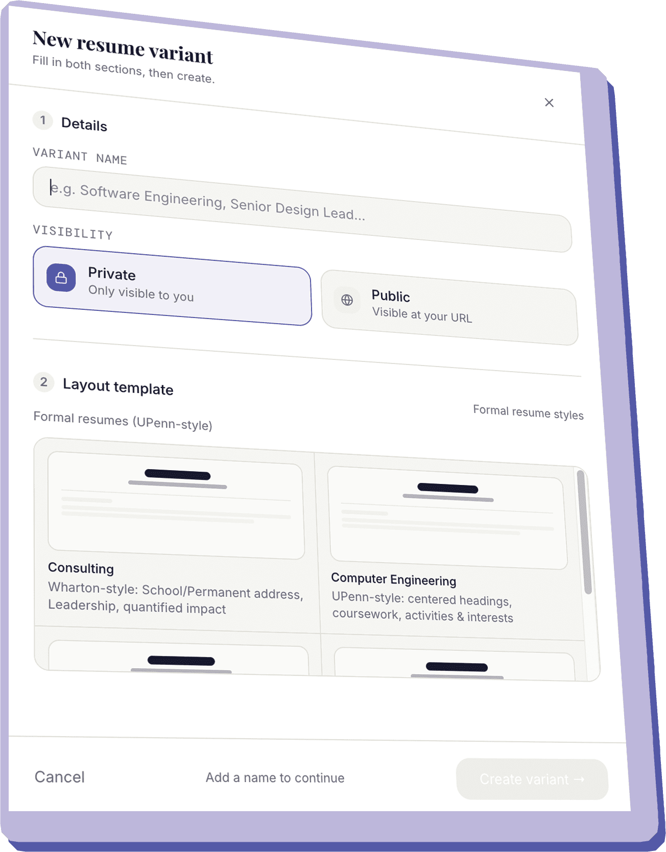 Create a new resume variant from a layout template